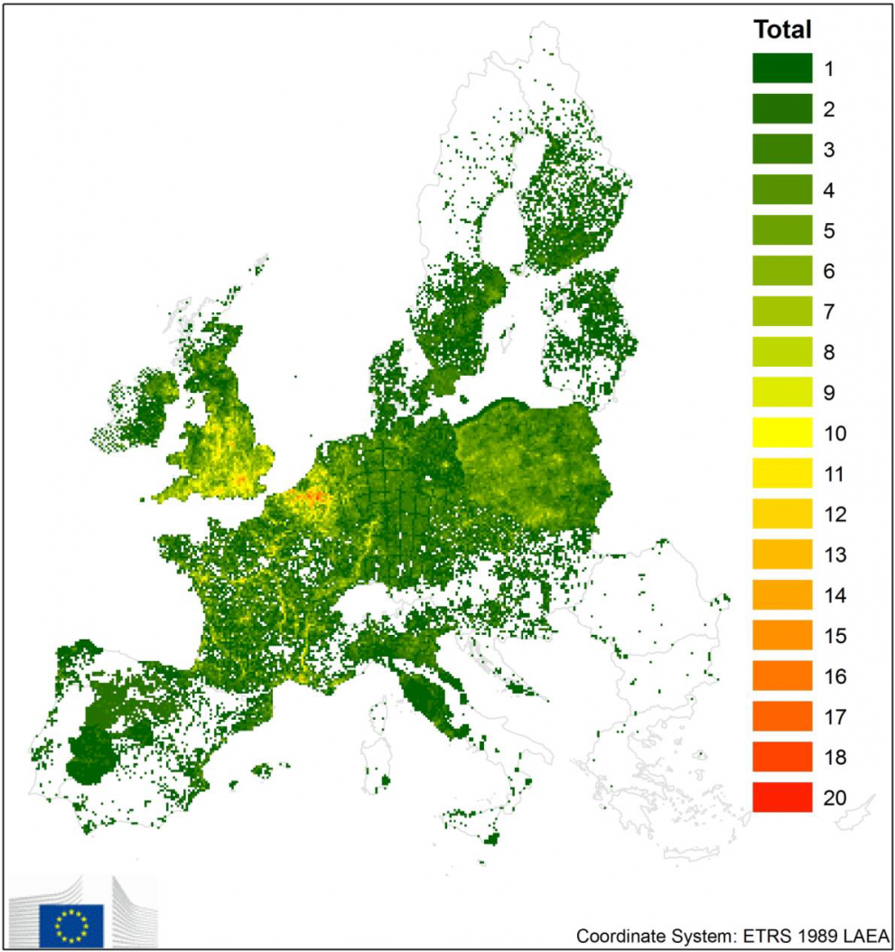 Distribution of the 'Union concern' invasive alien species at grid 10x10 km level in EU