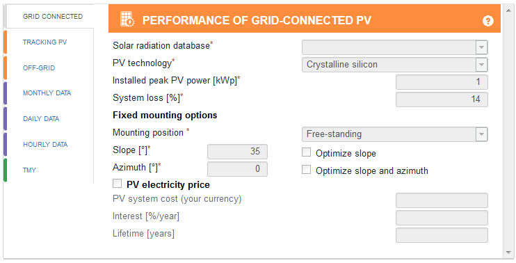 Input fields for the grid-connected PV system calculation