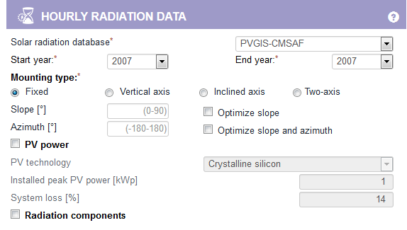 Input fields for the hourly solar radiation tab