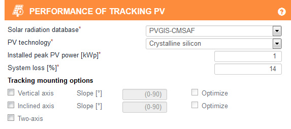 Input fields for the tracking PV system calculation