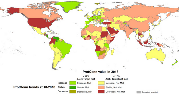 Trends in protected area connectivity from 2010 to 2018 as quantified by the percentage of protected and connected land (ProtConn), and progress towards meeting Aichi Target 11