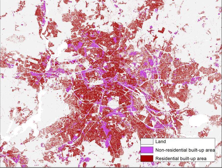 Differentiation between residential and non-residential built-up area in Berlin (Germany), with detail level of 10m