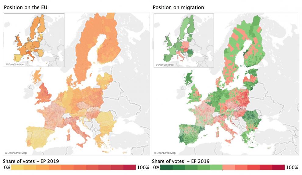 Share of votes for eurosceptic parties (left) and share of votes for parties in favour of restrictive measures on migration (right).