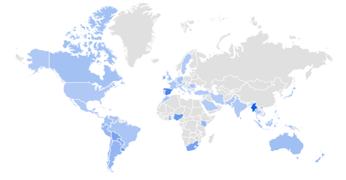 The map shows the popularity of the search in a given country on 28 April. The darker the colour, the more popular the search (source: Google Trends).