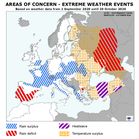Digitized map showing extreme weather events in Europe including rain surplus, rain deficit, heatwave, and temperature surplus.