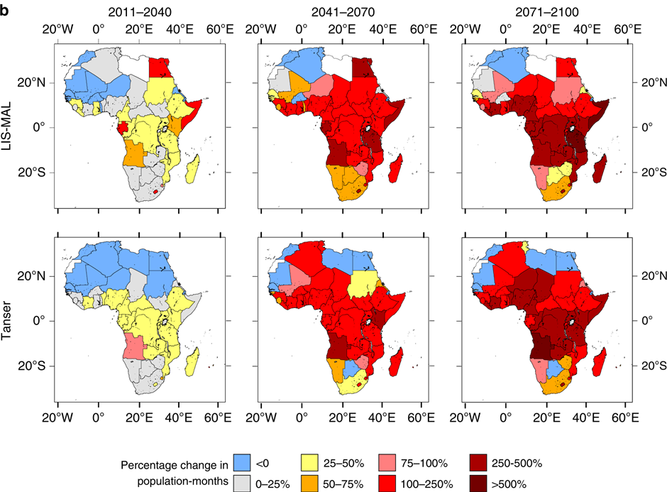 The mapping shows how the population in Africa exposed to malaria could sharply increase after 2040