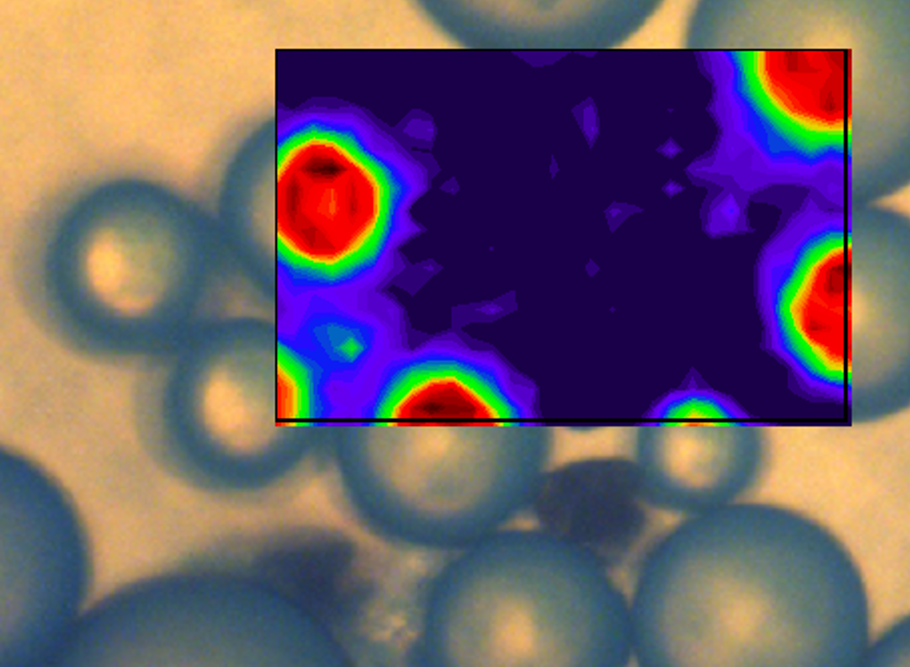 Optical microscopic image of micro-plastic particles with FT-IR chemical mapping overlay