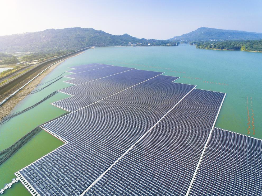 Aerial view of Floating solar panels or solar cell Platform on the lake