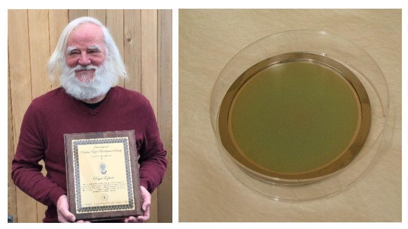 Left:Roger Eykens receiving the INTDS2020 Award, Right: 235UF4 layer with an areal density of 67 µgcm2 prepared by physical vapour deposition on a polyimide foil with an areal density of 27 µgcm2 coated with a 50 µgcm2 gold layer