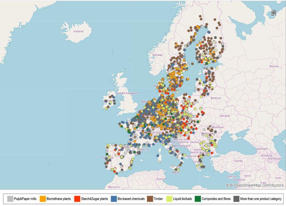 The dashboard shows the distribution of chemical- and material-driven bio-refineries in the EU