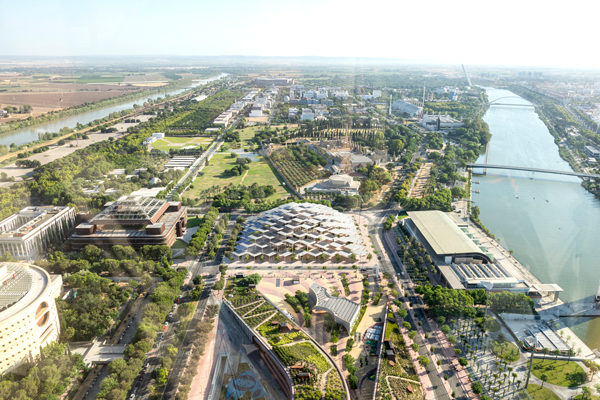 The European Commission today awarded first prize to Bjarke Ingels Group, BIG  in an international architectural competition to choose a concept design for the future permanent site of the Commission’s Joint Research Centre site in Seville (Spain). Image shows the arial view of the concept.