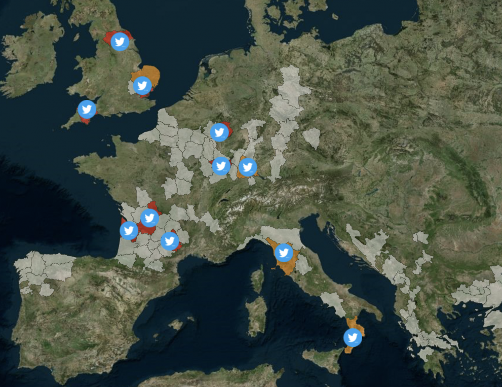 Map of the EU indicating where data from twitter is beeing used for disaster risk management.