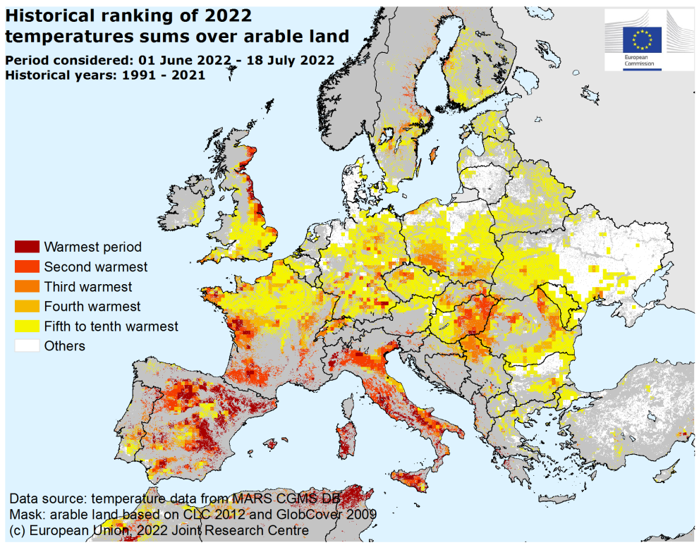 Map of temperatures on arable land - June-July 2022