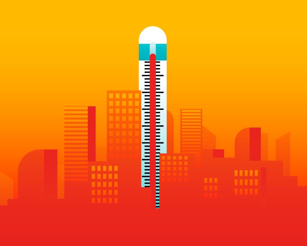 Image shows a drawing of a city skyline with a thermostate showing highest temperature
