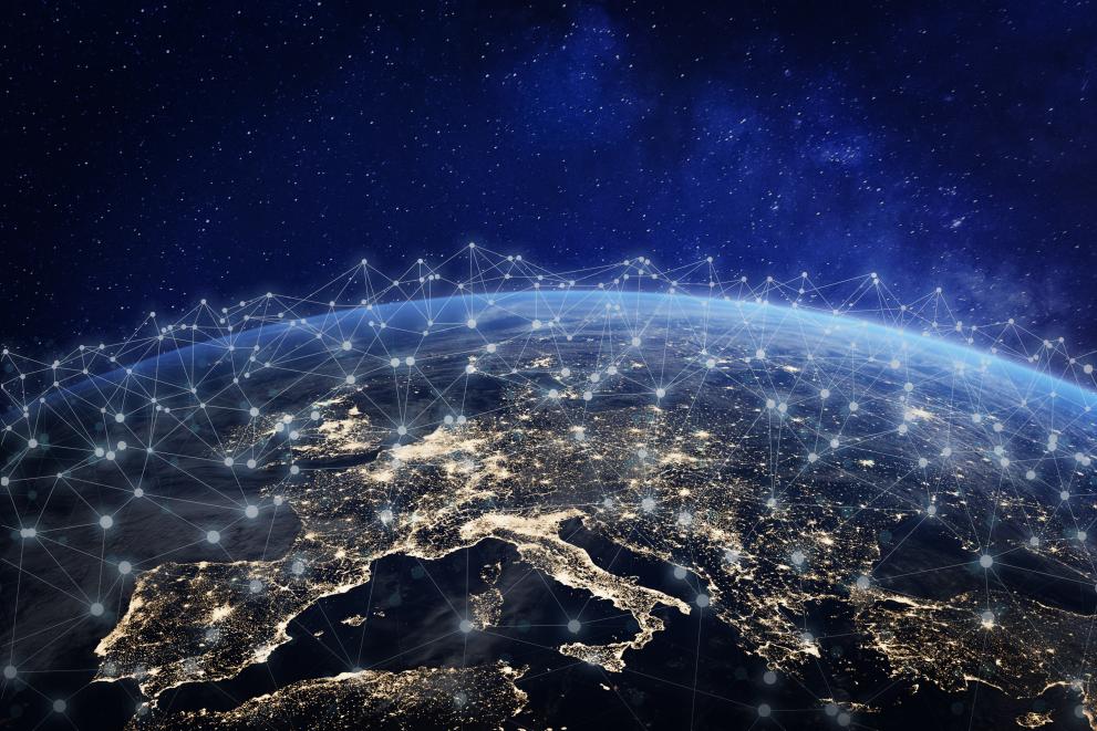 The earth seen from space with all internet inter connections pictured