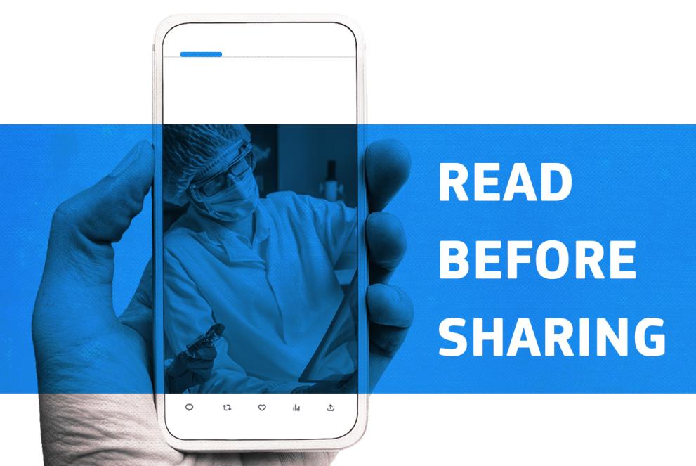 Hand holding a phone with the text "read before sharing"