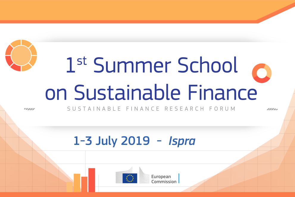 Image with text announcing the 1th Summer School on Sustainable Finance on 1-2 July 2019
