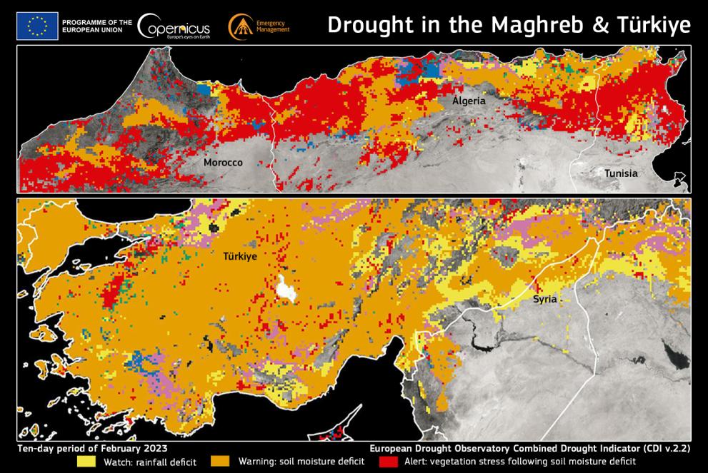 Map of the drought and warm winter effects in the Maghreb and Türkiye