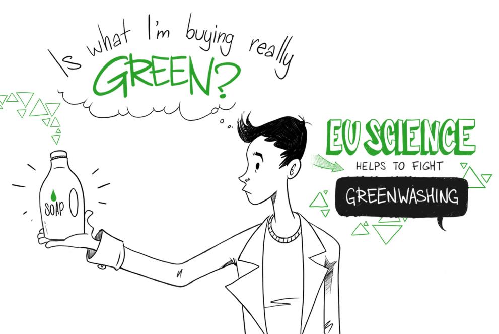 Illustration of a person looking at a "green" product and wondering if it is really environmentally friendly