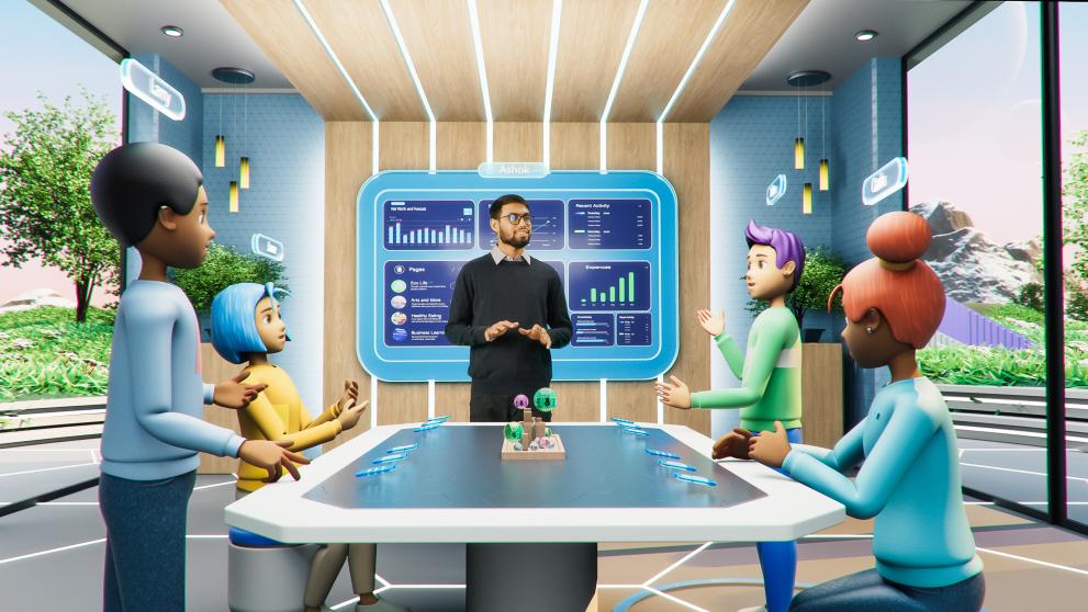 A real person talks to avatars during a meeting in a virtual world