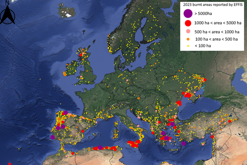 Map of large fire fires across Europe
