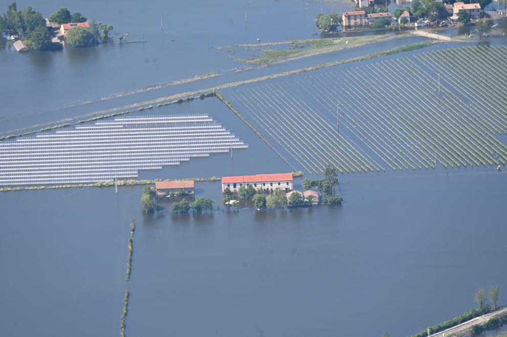 Aerial view of flooded fields