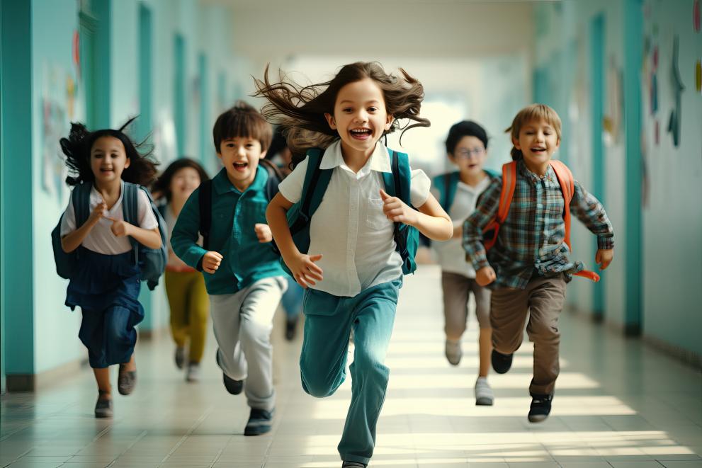 Children running in a school corridor