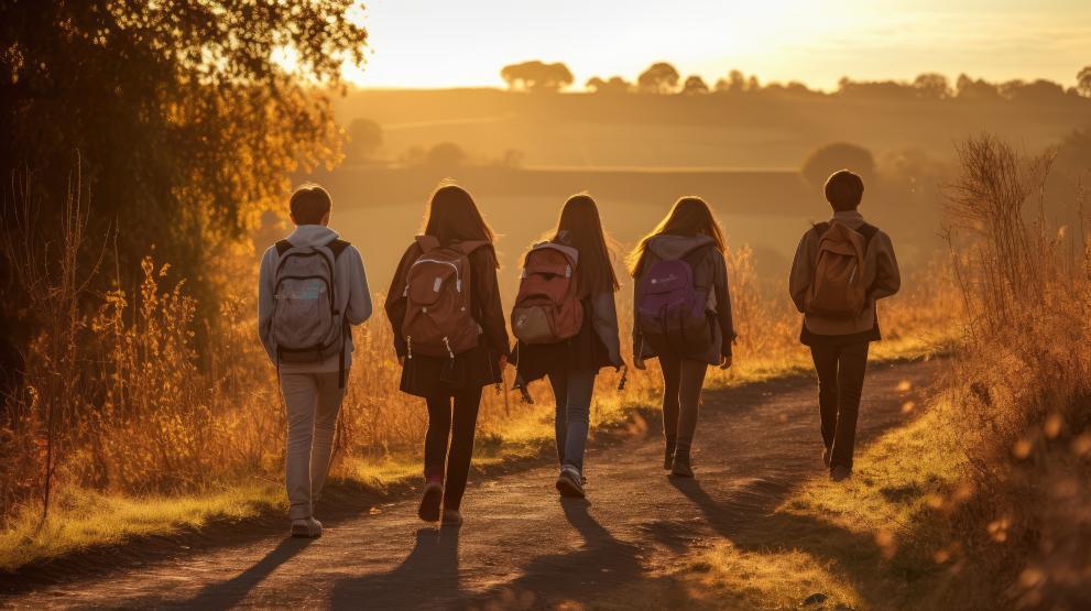 Image showing pupils with backpacks in countryside
