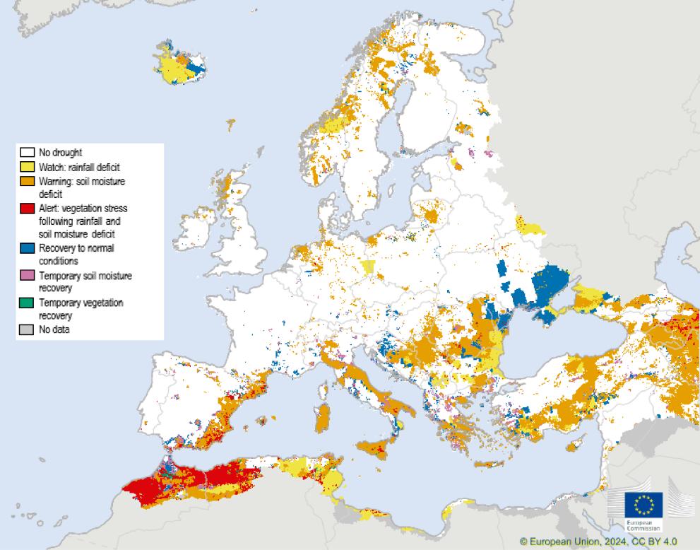 Map showing the Combined Drought Indicator for Europe, second 10-day period of March 2024