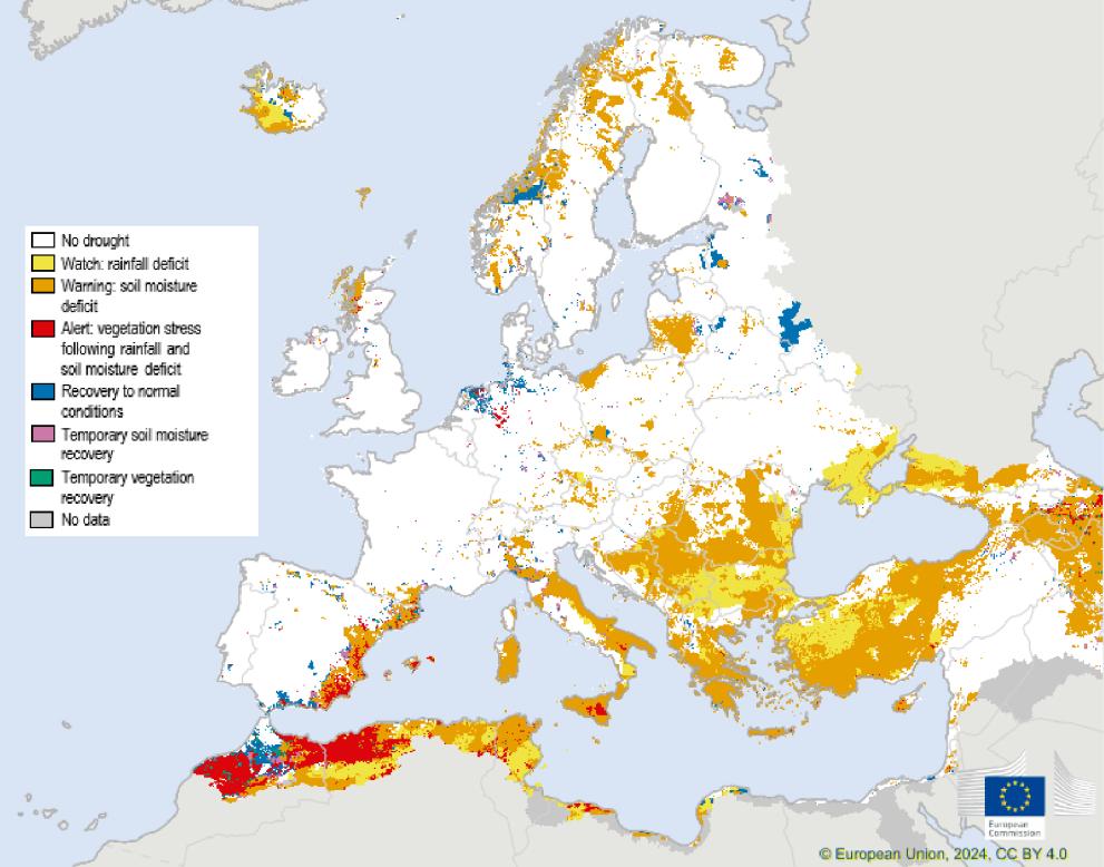 Map showing the Combined Drought Indicator for Europe, first 10-day period of April 2024