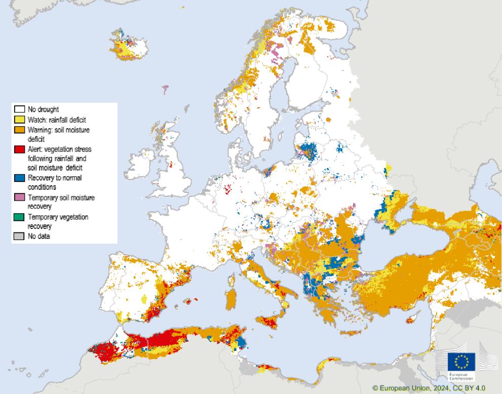 Map showing the Combined Drought Indicator for Europe, third 10-day period of April 2024