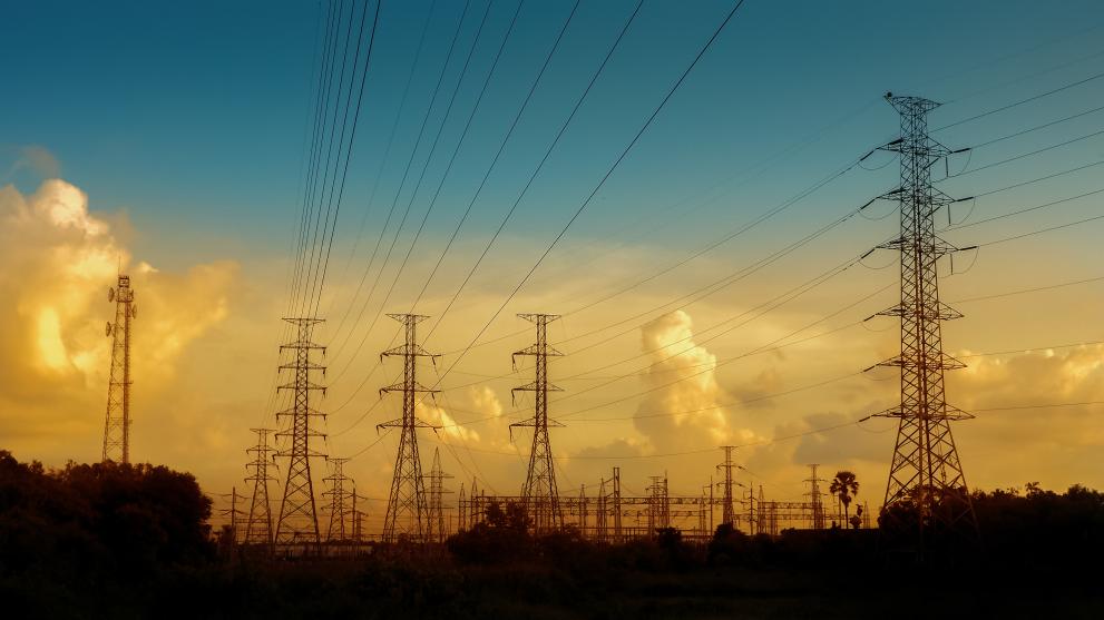 Electricity transmission grid at sunset