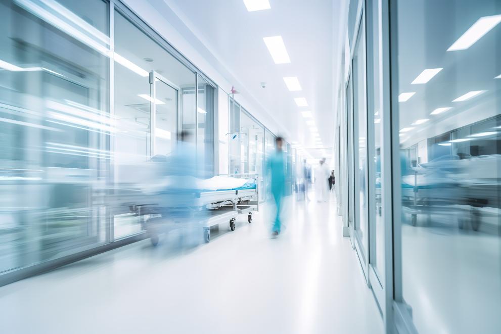Health care in hospitals. Modern hospital corridor with long exposure effects