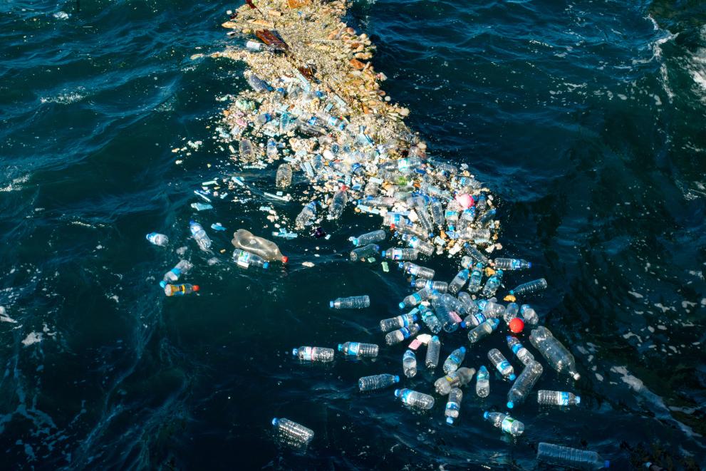 Close-up photo of plastic bottles floating in the ocean