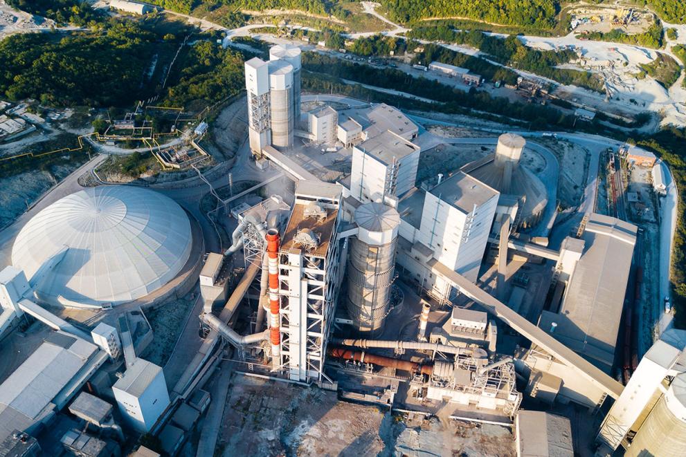 Aerial view of cement manufacturing plant