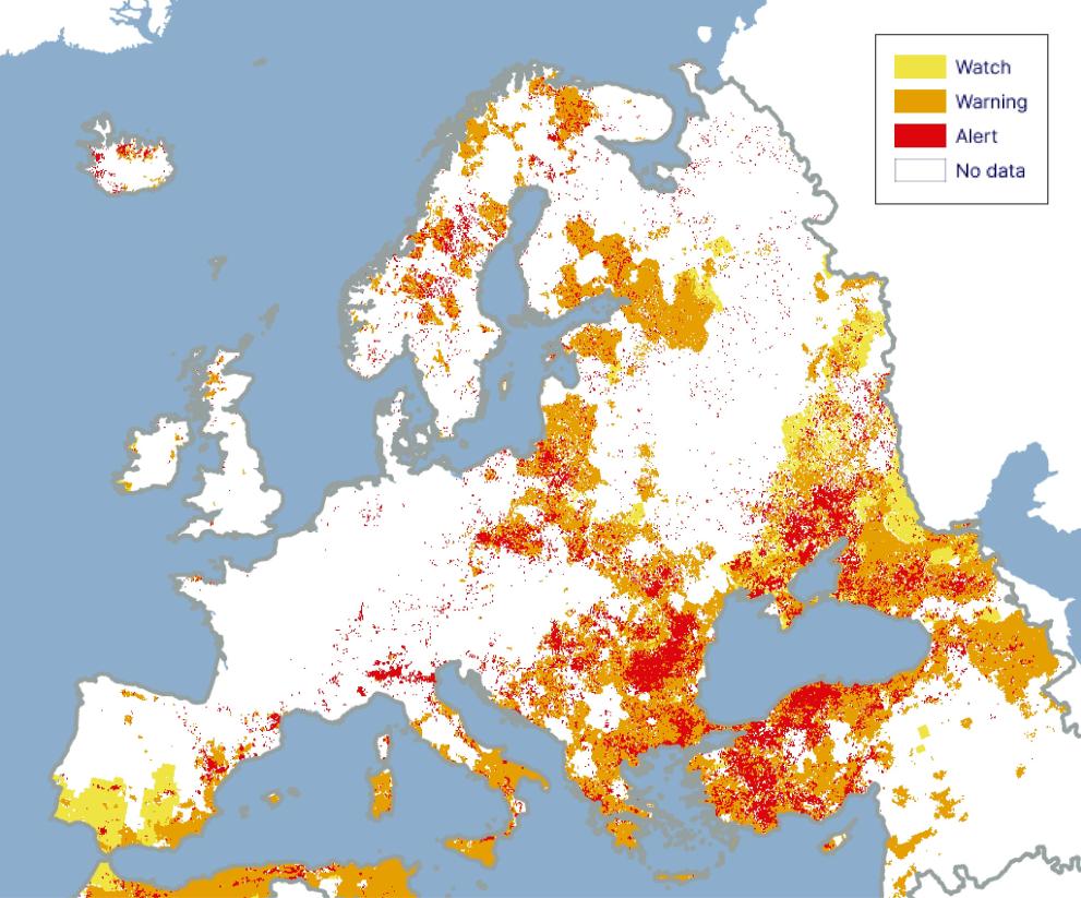 Map of Europe showing the Combined Drought Indicator for Europe, first 10-day period of July 2024
