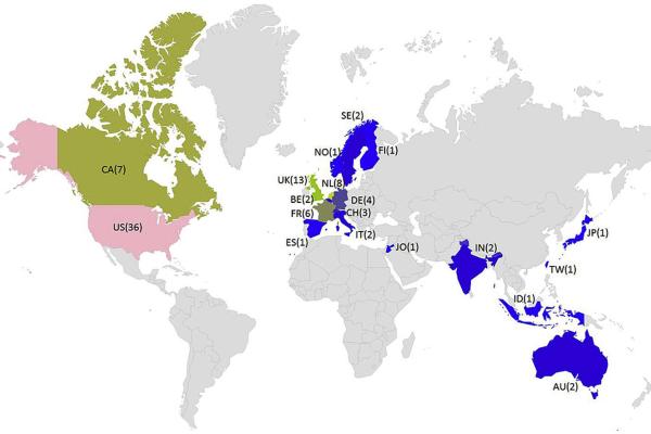 Geographic distribution of the questionnaire results, 93 respondents from 19 countries.