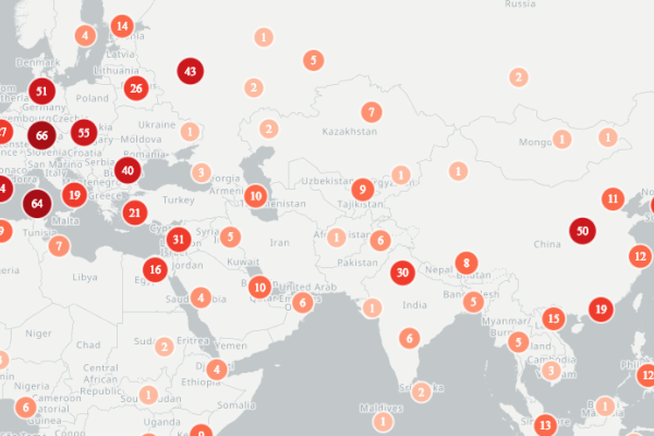 Geolocations mentioned in coronavirus media coverage showing large clusters of news reports.