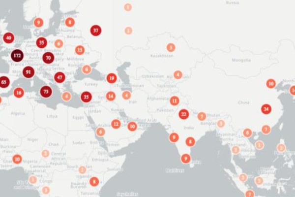 Geolocations mentioned in coronavirus media coverage showing large clusters of news reports.