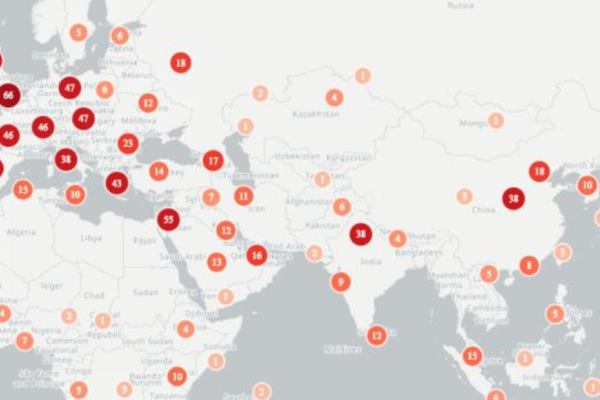 Geolocations mentioned in coronavirus media coverage showing large clusters of news reports.