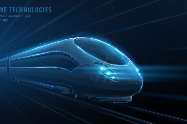 Visual of a Fast move of express passenger train on high speed intercity railway. Isolated on blue. Futuristic technology. Future digital urban infrastructure. Modern technology.