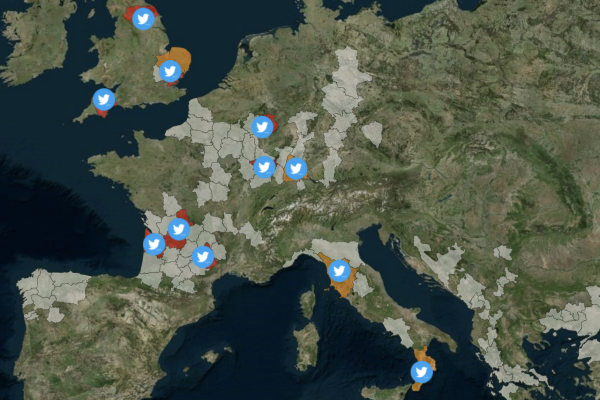 Map of the EU indicating where data from twitter is beeing used for disaster risk management.