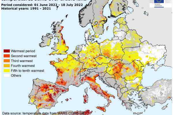 Map of temperatures on arable land - June-July 2022