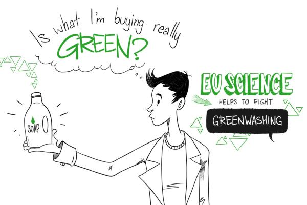 Illustration of a person looking at a "green" product and wondering if it is really environmentally friendly