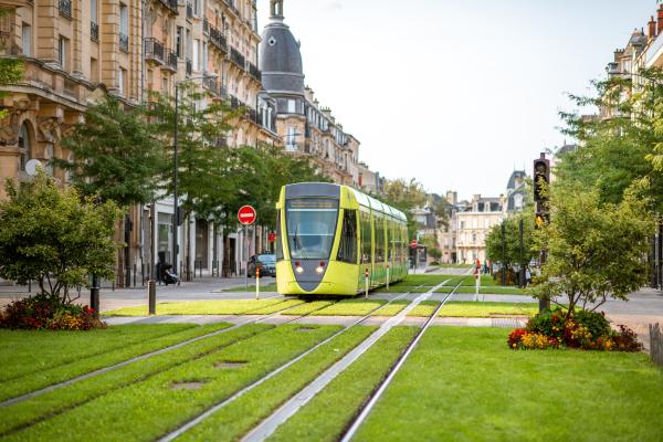 A photo of a tram in Reims, France