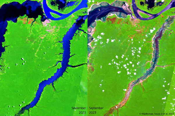 2 satellite images show river flow difference between 2022 and 2023
