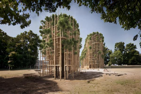AI generated image showing wooden scaffolding around high rising trees