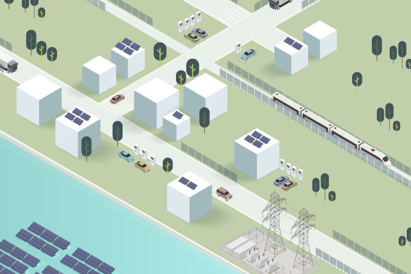 Image showing PV panels on roofs, water body, along railway and on road